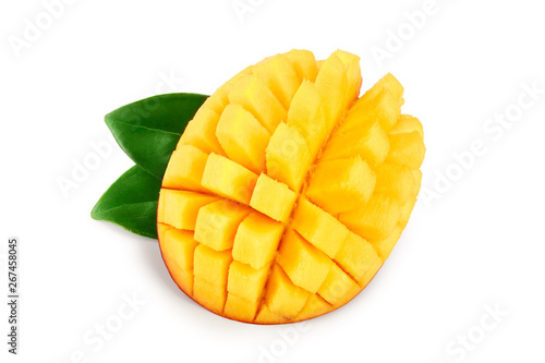 Mango fruit half with leaves isolated on white background close-up