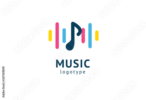 Vector illustration, Graphic Design Note web logotype. Abstract music logo icon vector design. Sound recording studio, night party. School of Music, disco, vocal course, composer, singer vector logo.