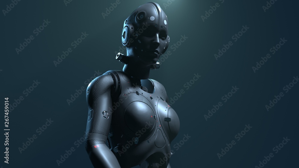 Naklejka premium robot woman, sci-fi woman digital world of the future of neural networks and the artificial intelligence 3d render
