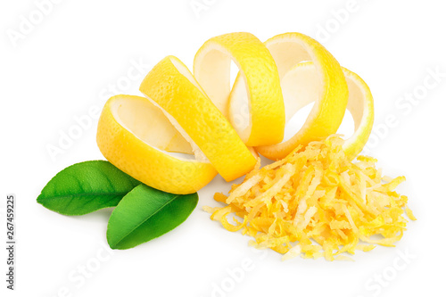 Lemon peel and zest with leaf isolated on white background. Healthy food