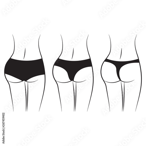 Women waist. Silhouette of female figure, back view, butt. Various women black pantiest. Vector illustration