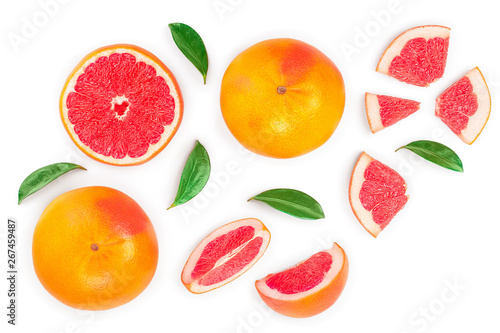 Fototapeta Naklejka Na Ścianę i Meble -  Grapefruit and slices with leaves isolated on white background. Top view. Flat lay pattern