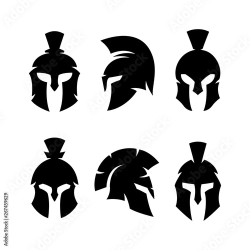Spartan helmet warrior emblems logotypes set. Vector illustration.