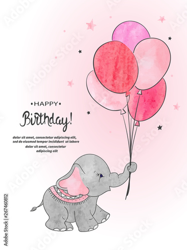 Cute elephant with balloons watercolor vector illustration. Happy Birthday card design.