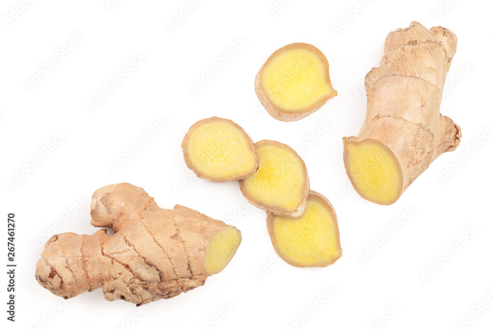 fresh Ginger root and slice isolated on white background with copy space for your text. Top view. Flat lay fresh Ginger root and slice isolated on white background with copy space for your text. Top view. Flat lay