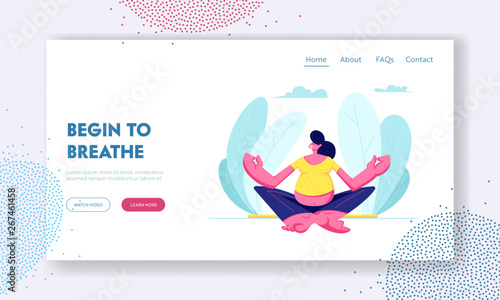 Pregnant Woman Sitting in Lotus Pose Doing Yoga Meditation. Health Care, Pregnancy Exercises, Maternity. Child Bearing, Baby. Website Landing Page, Web Page. Cartoon Flat Vector Illustration, Banner