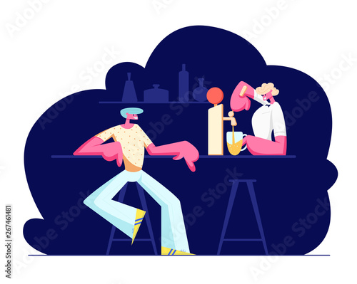 Young Man Sitting in Pub Ordering Alcohol Drink. Female Barista Pouring Beer to Glass Cup. Nightlife Sparetime, Leisure, Relaxing Male Character in Night Bar, Weekend. Cartoon Flat Vector Illustration