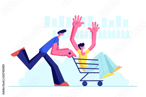 Couple of Teenagers Fool in Supermarket Riding Trolley