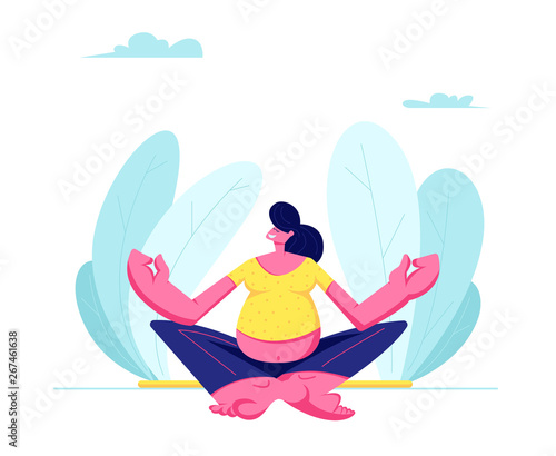 Young Pregnant Woman Sitting in Lotus Pose Doing Yoga Meditation Outdoors