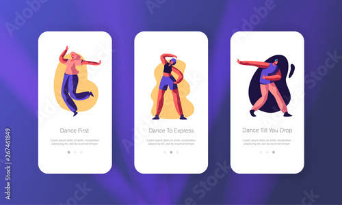 Disco Dance Leisure or Hobby Concept. Happy People Clubbing and Dancing at Nightclub, Nightlife Event Mobile App Page Onboard Screen Set for Website or Web Page, Cartoon Flat Vector Illustration