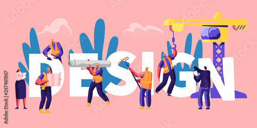Design Concept with Workers Characters in Uniform Painting Walls, Glue Wallpaper, Creative Project Plan of Building Process with Crane Poster, Banner, Flyer, Brochure. Cartoon Flat Vector Illustration