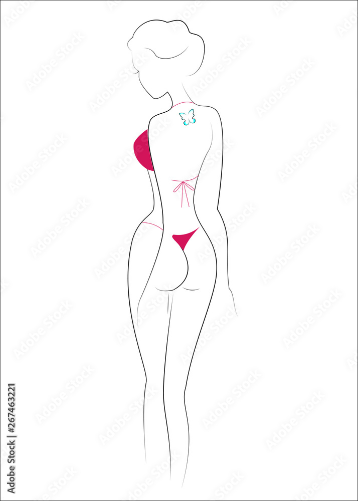 Silhouette of a beautiful lady. The girl is slim and feminine. A woman is dressed in a red swimsuit. Back view. Vector illustration Silhouette of a beautiful lady. The girl is slim and feminine. A woman is dressed in a red swimsuit. Back view. Vector illustration
