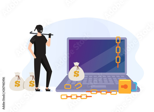 Thief hacker man character break security protection system and steal money. Cyber internet crime concept. Vector flat graphic design cartoon illustration