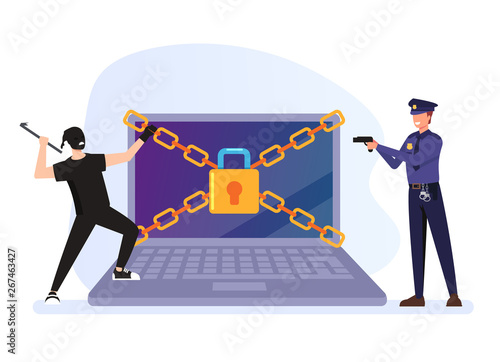 Thief hacker man character trying break security protection system and policeman catch him. Cyber internet crime concept. Vector flat graphic design cartoon illustration