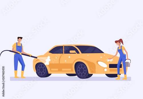 Man woman workers employee characters washing car. Carwash service concept. Vector flat graphic design cartoon illustration