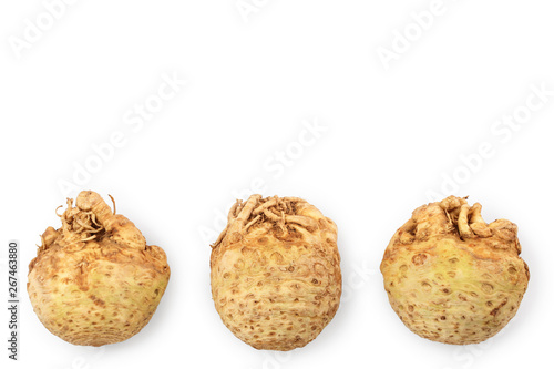 Fresh celery root isolated on white background. Top view. Flat lay, Set or collection
