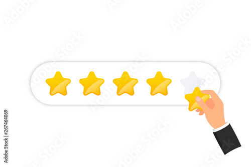 Positive feedback. Hand give five star rating. Vector illustration flat style