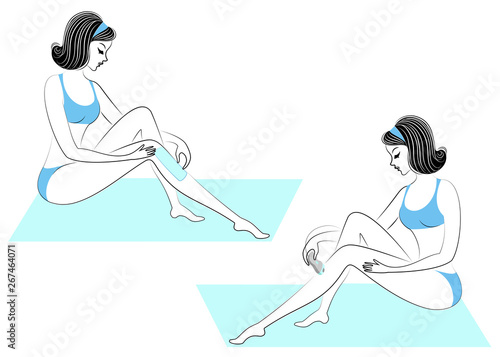 Profile of two girls. The ladies make depilation of their legs themselves. Remove the hair with a gel, wax and epilator. Vector illustration