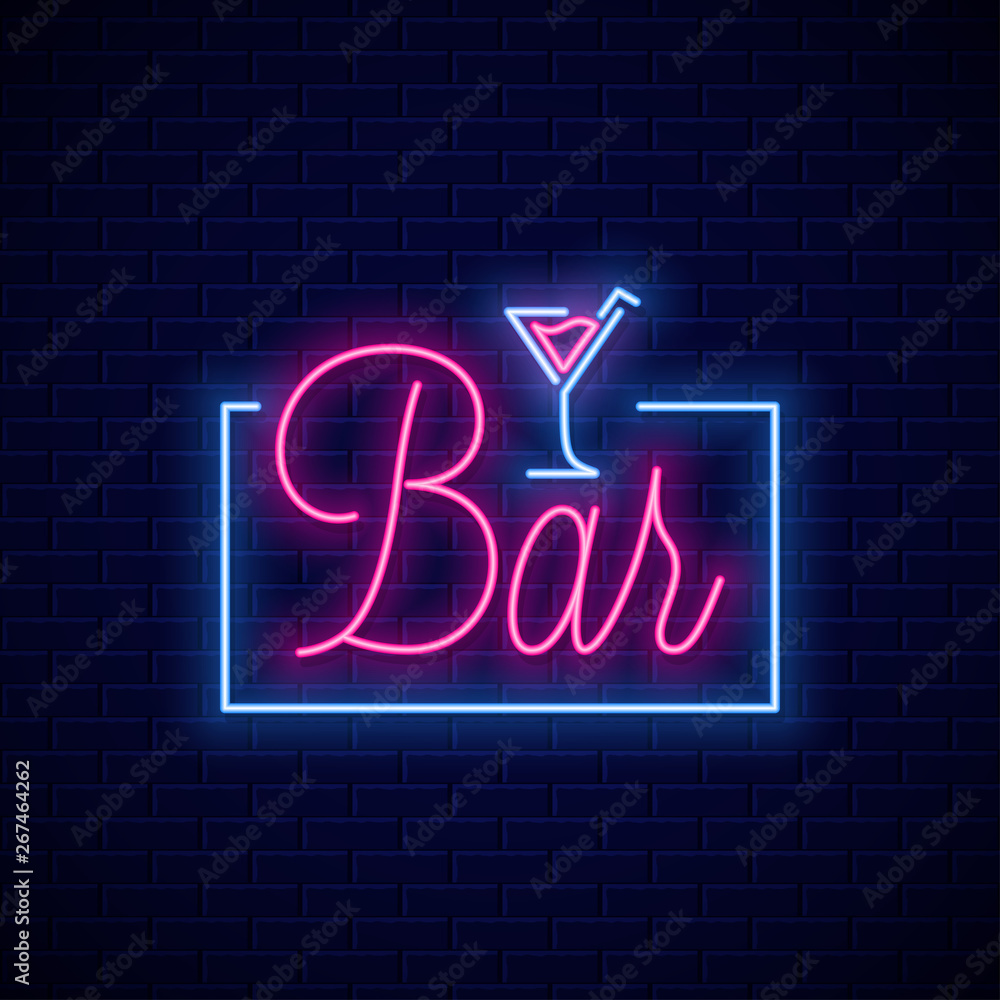 Bar neon sign. Neon banner of cocktail bar on wall - obrazy, fototapety, plakaty 