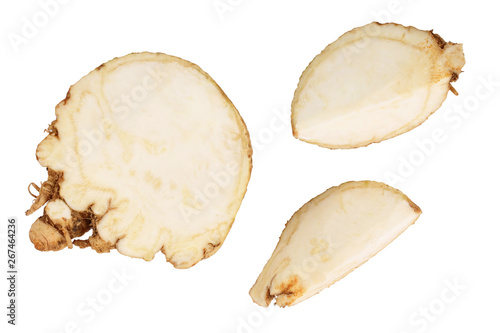 Fresh slice celery root isolated on white background. Top view. Flat lay.