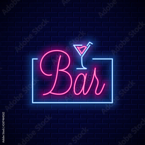 Bar neon sign. Neon banner of cocktail bar on wall