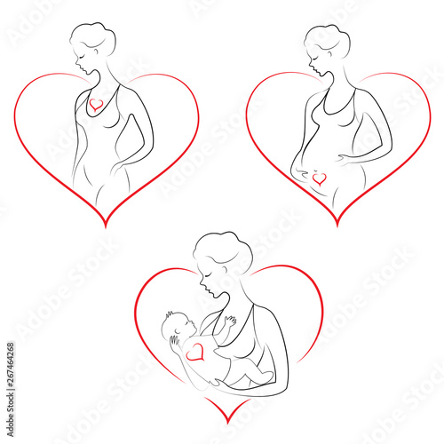 Profile of a sweet lady. Silhouette of the girl, she holds the baby in her arms. A young and beautiful woman. Happy motherhood. Frame in the form of heart. Vector illustration