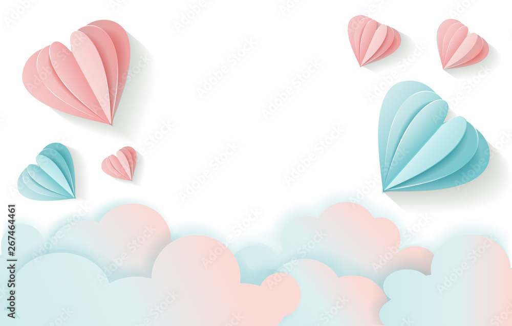 Obraz premium Horizontal Love card for Valentine's day with free space for your text.3D flying pink and blue Paper heart and clouds. Romantic hearts on white background. paper craft style. Bulk banner for ad