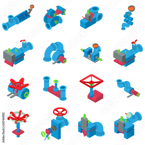 Pipe icons set. Isometric set of 16 pipe vector icons for web isolated on white background