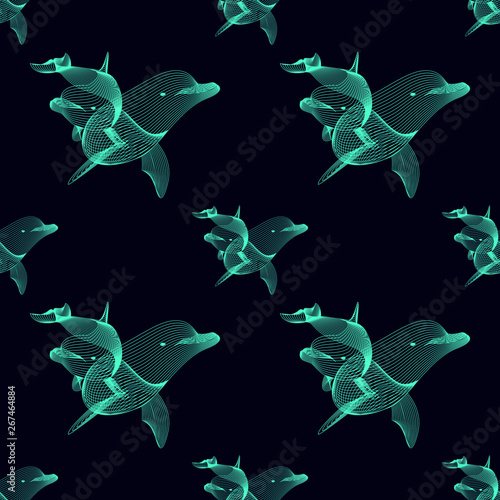Marine graphic seamless pattern with animal. Vector illustration. The dolphin consist of lines. Digital design  for wallpaper, packaging, textile, printing,  web.