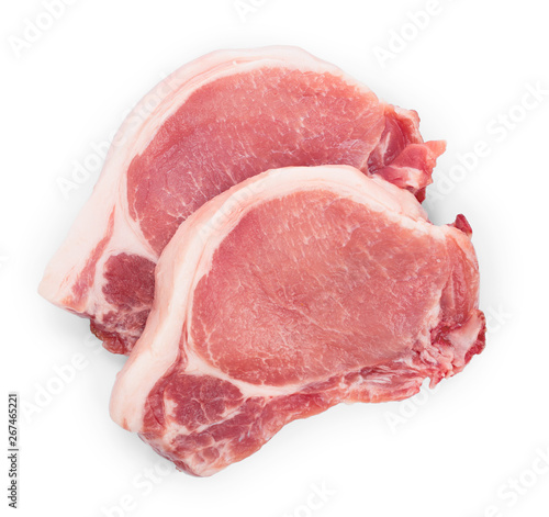 sliced raw pork meat isolated on white background. Top view. Flat lay photo
