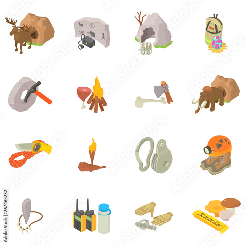 Cave exploration icons set. Isometric set of cave exploration vector icons for web isolated on white background