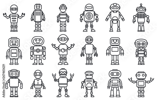 Humanoid robot icons set. Outline set of humanoid robot vector icons for web design isolated on white background