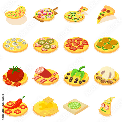 Pizza icons set. Isometric set of pizza vector icons for web isolated on white background