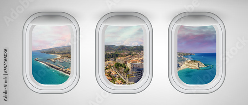 Tropea as seen through three aircraft windows. Holiday and travel concept