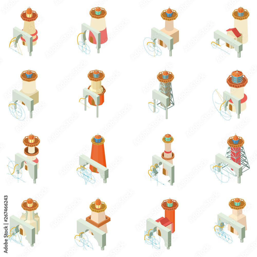Naklejka premium Arche lighthouse icons set. Isometric set of 16 arche lighthouse vector icons for web isolated on white background