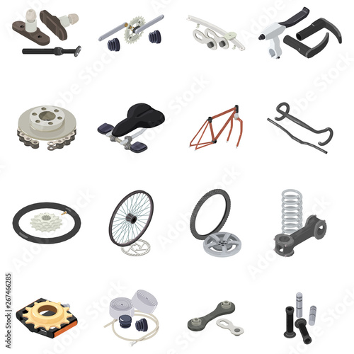 Bicycle part icons set. Isometric set of 16 bicycle part vector icons for web isolated on white background