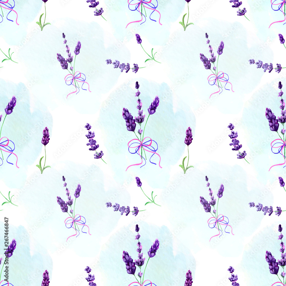 Seamless pattern with blue flowers and lavender leaves. Delicate background for textiles, packaging, Wallpapers and original design ideas.