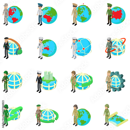 Military protection icons set. Isometric set of 16 military protection vector icons for web isolated on white background