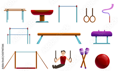 Gymnastics equipment icons set. Cartoon set of gymnastics equipment vector icons for web design