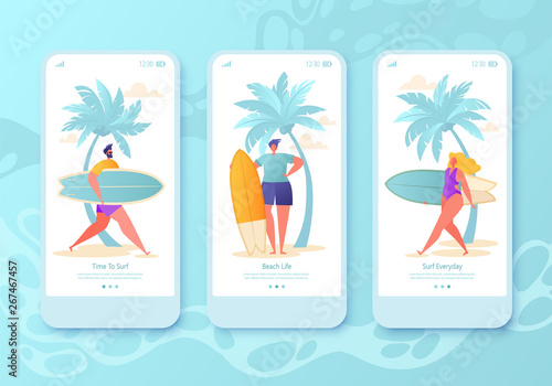 Mobile app page, screen set. Concept for website with flat happy surfers. They are going to catch a wave and enjoy surfing. Surfing concept for website or web page. Colorful vector illustration.