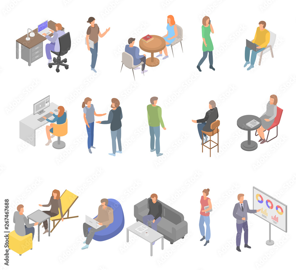 Coworking office business icons set. Isometric set of coworking office business vector icons for web design isolated on white background Coworking office business icons set. Isometric set of coworking office business vector icons for web design isolated on white background