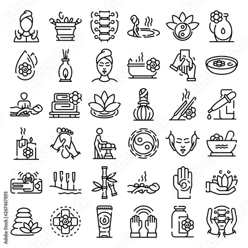 Massage icons set. Outline set of massage vector icons for web design isolated on white background