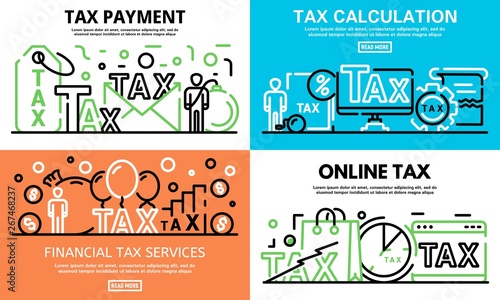 Online tax banner set. Outline set of online tax vector banner for web design