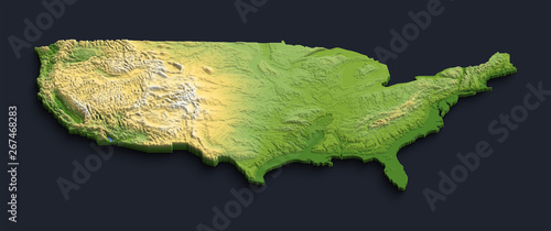 Relief map of USA with 3D effect. Isometric map of country. Clipped at border. CGI map of digital elevation model.