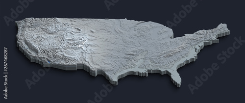 Relief map of USA with 3D effect. Isometric map of country. Clipped at border. CGI map of digital elevation model.