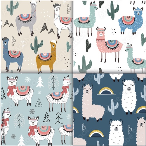Seamless pattern set with llama and cactus. vector illustration for fabric, textile,wallpaper