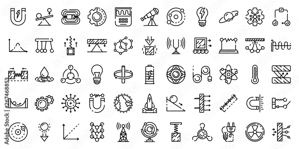 Physics icons set. Outline set of physics vector icons for web design isolated on white background