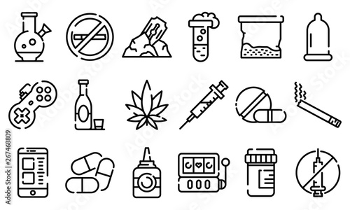 Addiction icons set. Outline set of addiction vector icons for web design isolated on white background