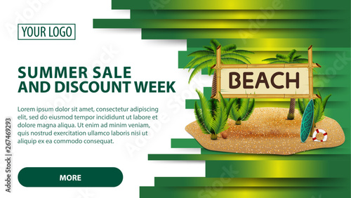 Summer sale and discount week, banner with coconut palms and bamboo sign with the inscription "beach"