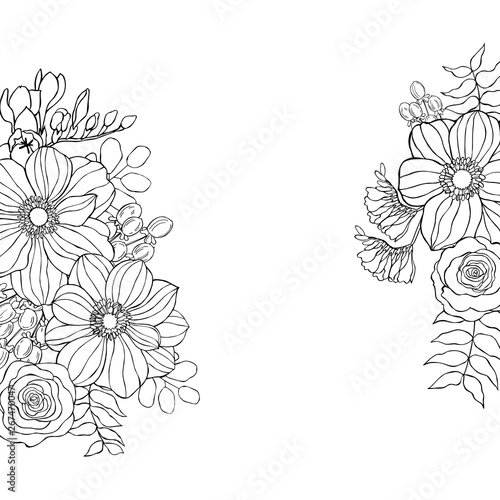 Floral background.Hand drawn flowers and leaves. Sketch illustration